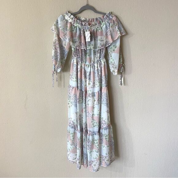 NWT River Island Maxi Blue Dress Petite Floral Bardot Size 2 - Picture 8 of 14